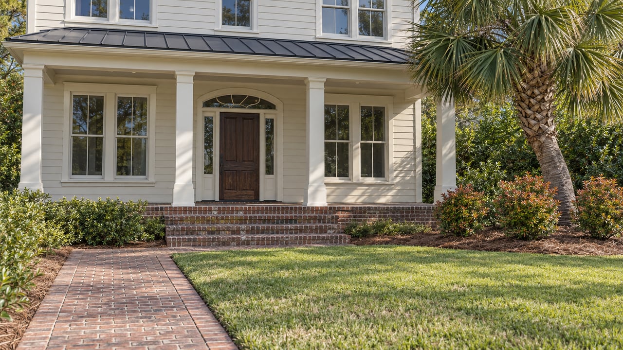 Ivory-sided home with a columned porch, dark wood entrance, brick path and established palm beside a compact autumn garden.