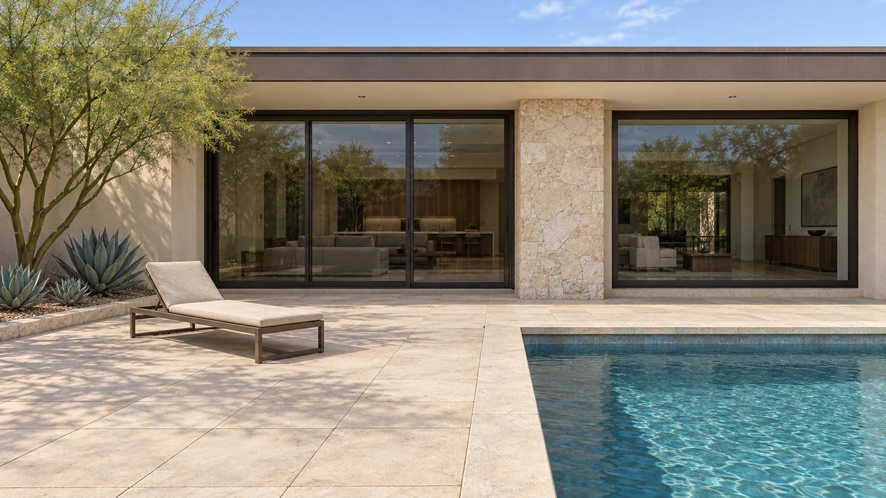 Low view across a rectangular pool and stone terrace toward a shaded stucco home with bronze-framed glazing and a sculptural palo verde tree.