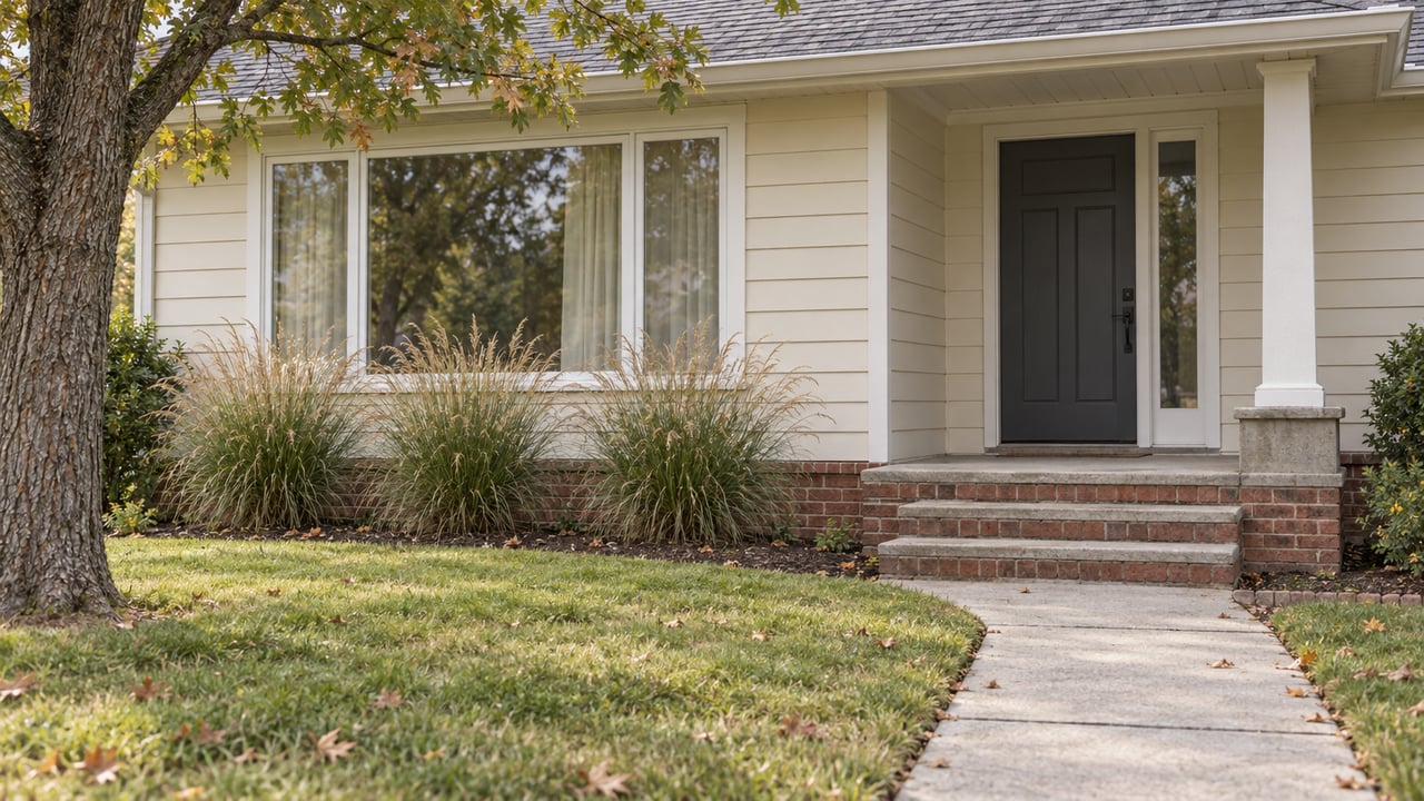 An ivory-sided single-story home with a covered entry, brick steps, autumn lawn and carefully spaced prairie dropseed.