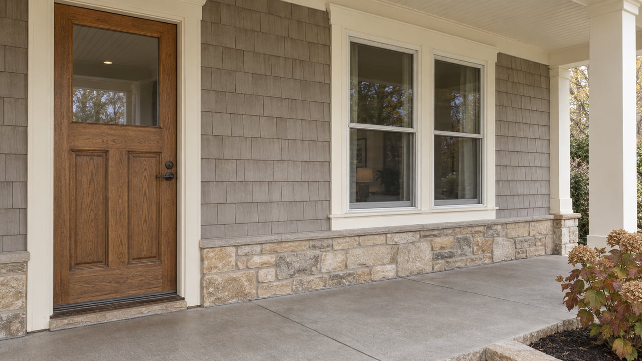 Covered front entry with an oak door, paired ivory-trimmed windows, gray shingles, limestone foundation, and autumn oakleaf hydrangea.