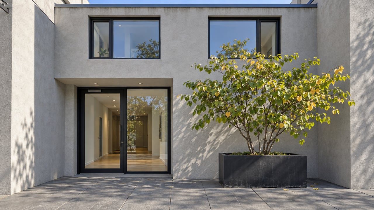 Light-gray stucco condominium entrance with black-framed glazing, concrete pavers and a single branching tree in a matte-black planter.