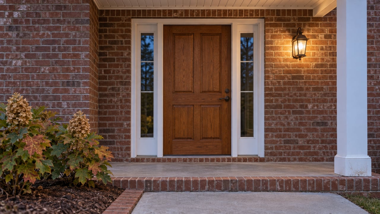 Brick home's covered entry at blue hour, with an oak door, paired sidelights, white trim and oakleaf hydrangeas beside a concrete approach.