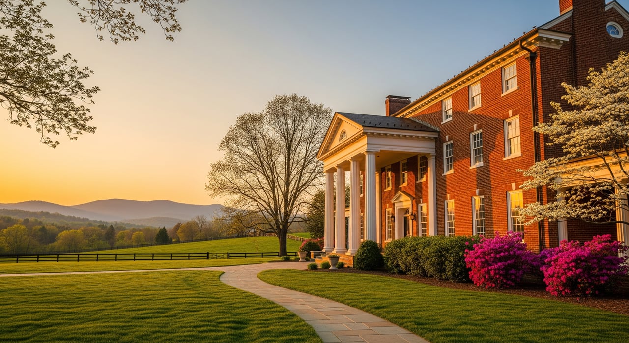 Red-brick mansion with a white-columned entrance, curved path, and vivid pink flowering shrubs.