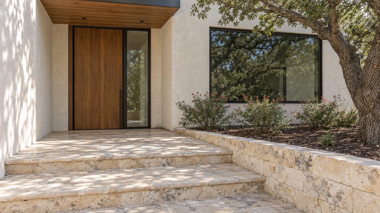 Covered wood-and-stucco home entry with limestone steps, dark-framed glazing, and a mature oak beside a raised planting bed.