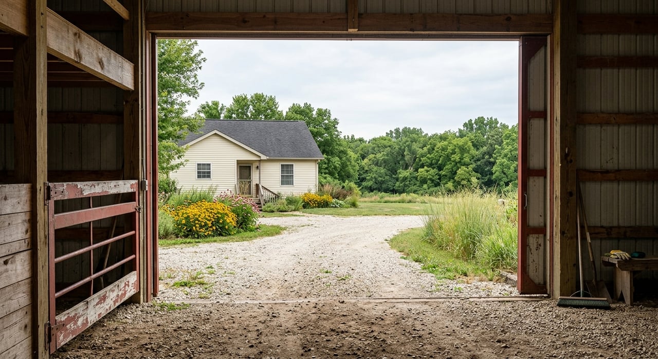 Pole barn with an open sliding door, gravel yard, ranch house, and hardwood treeline beyond.