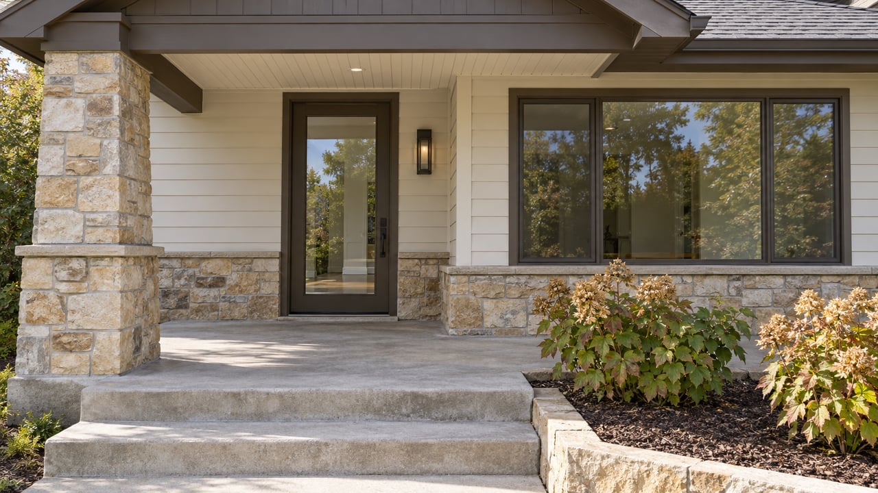 Covered home entrance with cream siding, bronze-framed glazing, buff sandstone and oakleaf hydrangeas beside broad concrete steps.