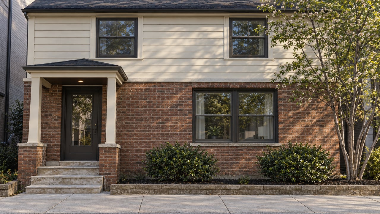 Two-story brick and cream-sided duplex with a recessed entry, limestone steps, and a small planted frontage.