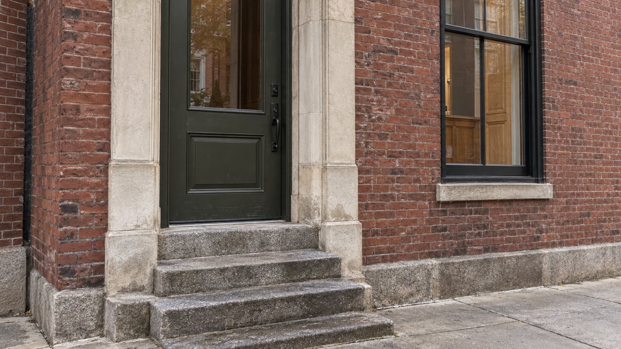 Attached brick townhouse entry with a dark olive door, limestone surround, sash window, and worn granite steps.