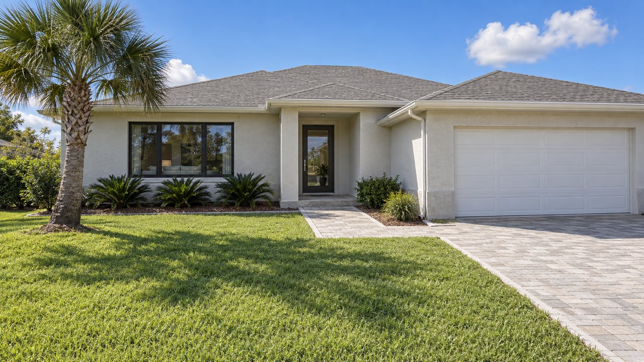 Light stucco home with a gray gabled roof, pale paver approach, deep green front lawn, and one sculptural palm.