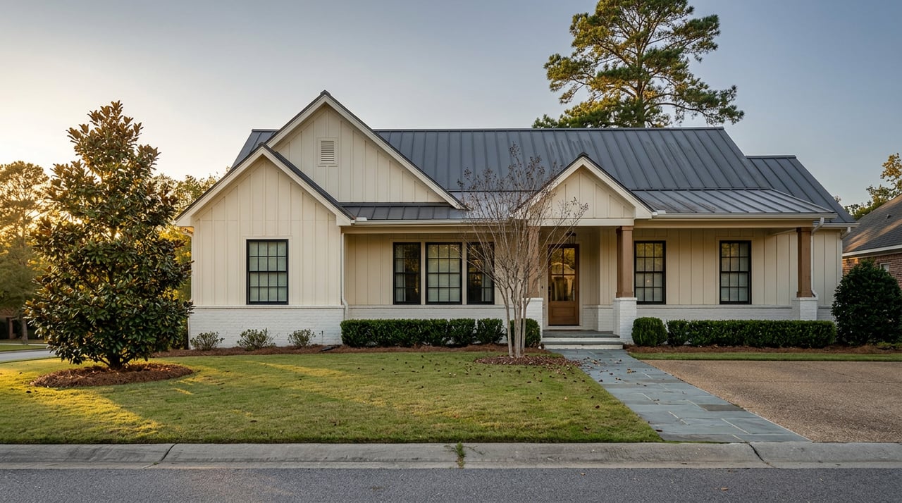 White-and-cream gabled home with charcoal roof, bluestone walk, magnolia, and tall pine behind it.