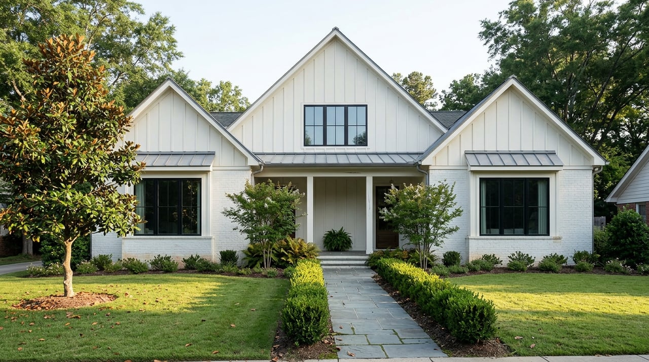 Two-story white farmhouse with steep gables, black-framed windows, and a curved bluestone path across a broad lawn.