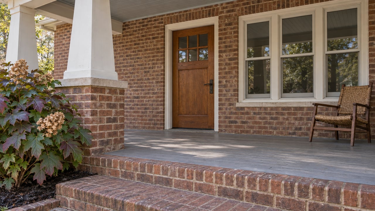 Close view of a brick bungalow porch with a glazed oak door, white timber column and burgundy-tinged oakleaf hydrangea.
