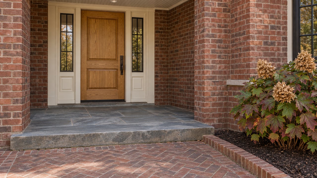 Red-brick home entrance with an oak door, paired glazed sidelights, stone porch and oakleaf hydrangea beginning to turn burgundy.