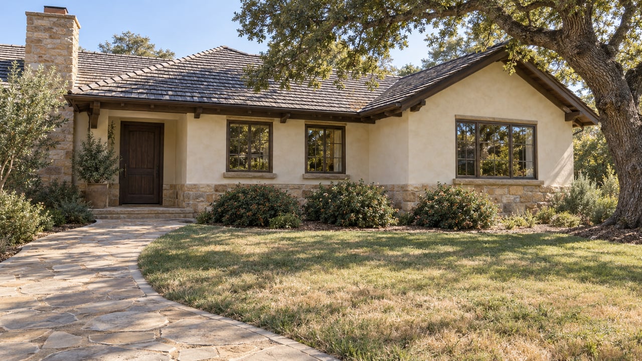 A cedar-roofed home with cream stucco, sandstone details, and bronze-framed windows beyond a broad lawn and curving stone walk beneath a mature oak.