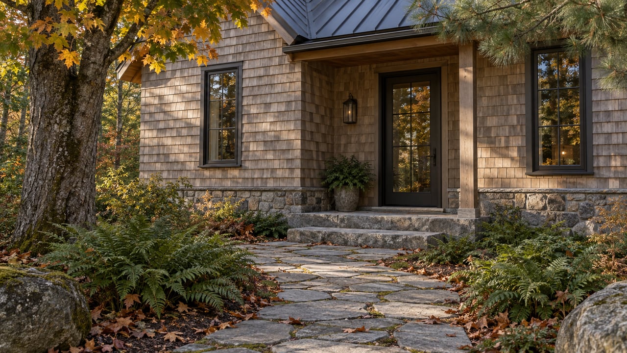 Cedar-shingled cottage entrance with a curving stone path, amber maple, and warm light on the doorway.