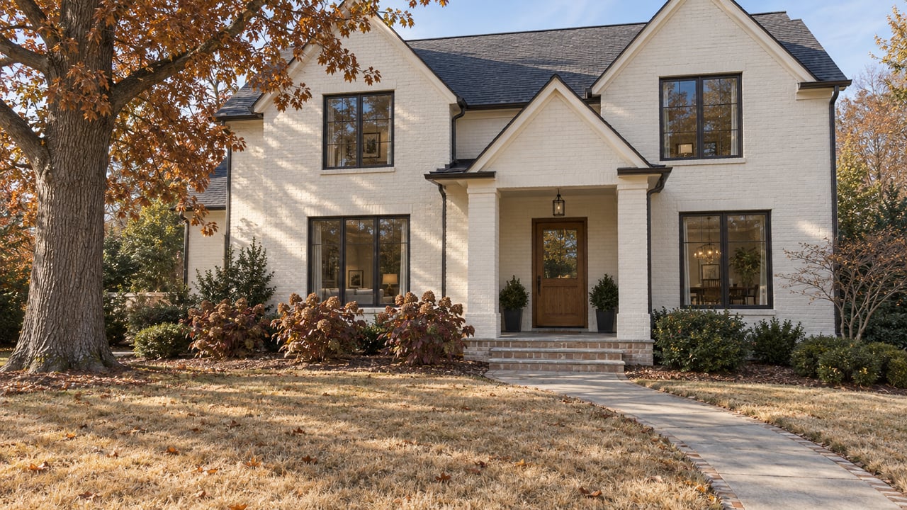 Ivory brick home behind a deep autumn lawn, with an oak tree, bronze-framed windows and a recessed oak entrance.