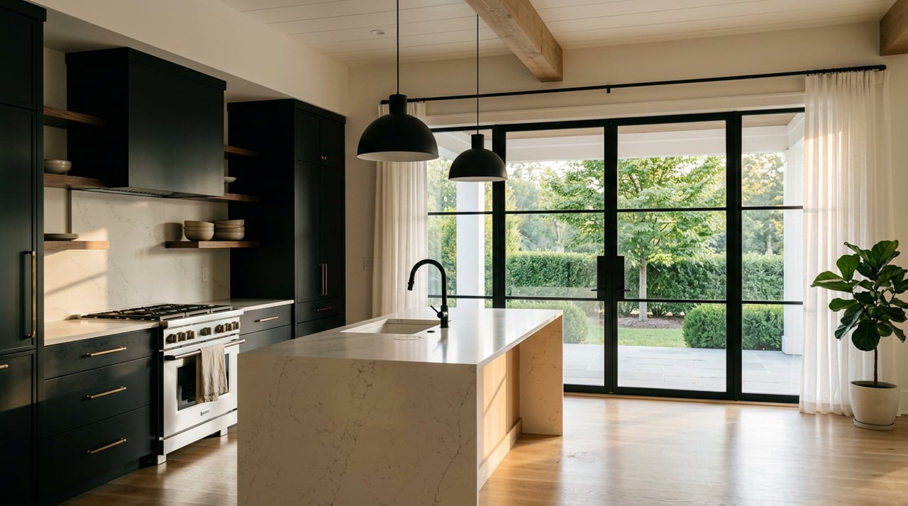 Open-plan kitchen with a white quartz island, matte-black cabinets, and glass doors overlooking a hornbeam and hedge.