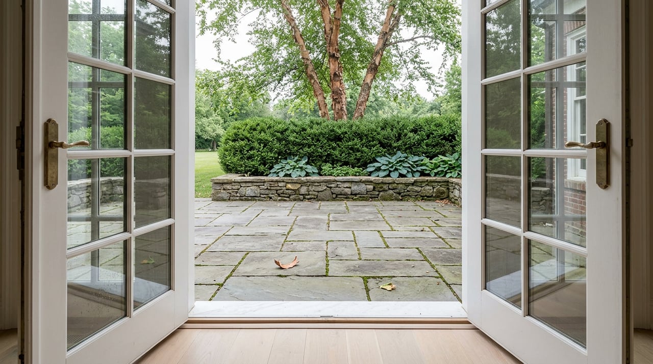 Open French doors frame a bluestone terrace and boxwood hedge beneath a paperbark maple.