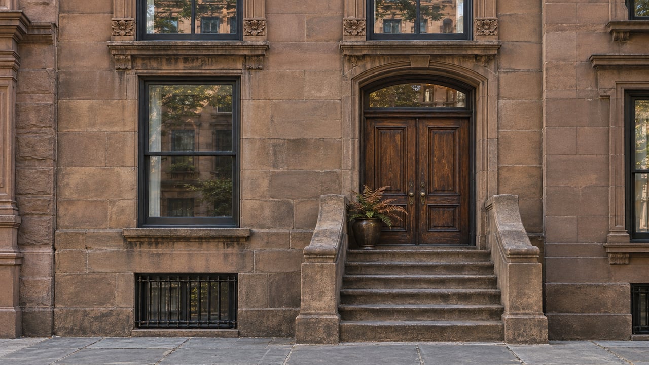 Weathered sandstone townhouse facade with paired sash windows, a wood double door and worn stone entry steps.