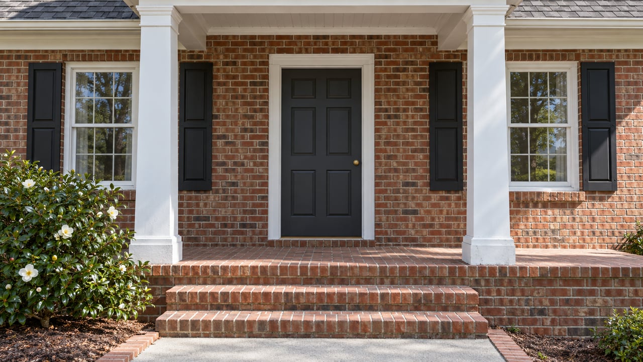 Covered brick front porch with white columns, a charcoal door, black shutters and an ivory-flowering camellia beside brick steps.