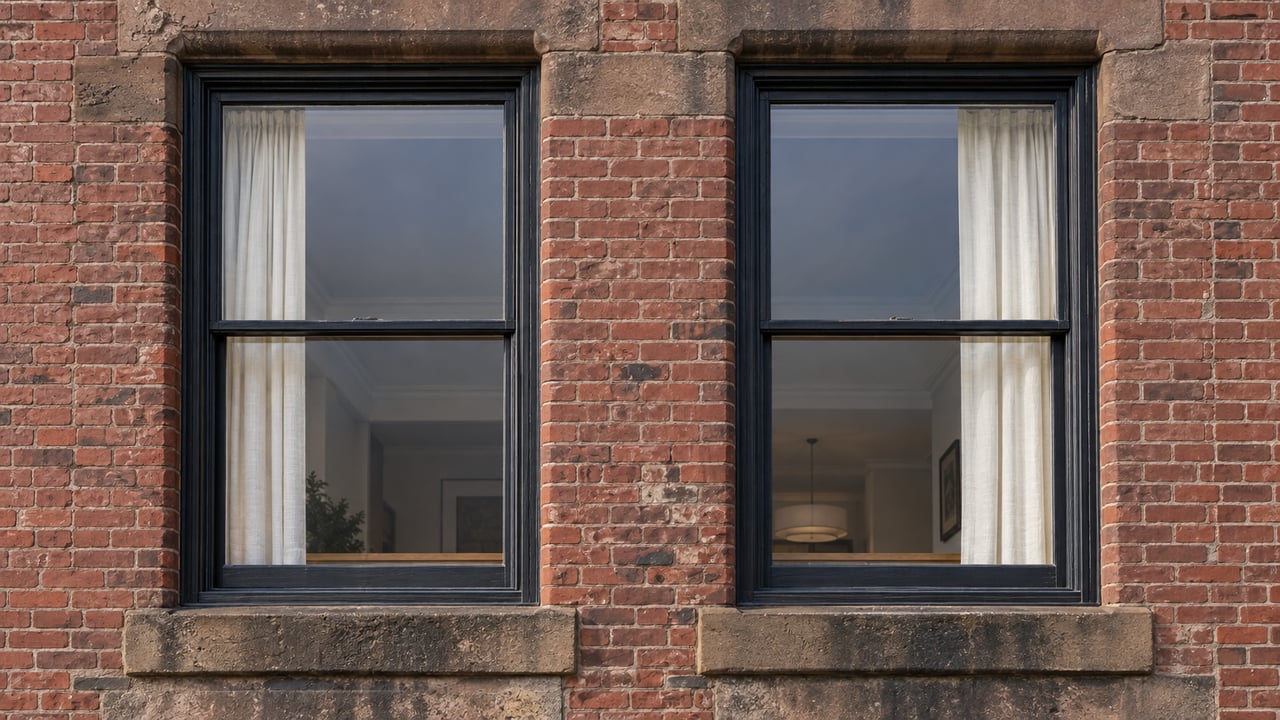 Two tall closed loft windows with ivory curtains recessed into weathered red brick and carved brown stone.