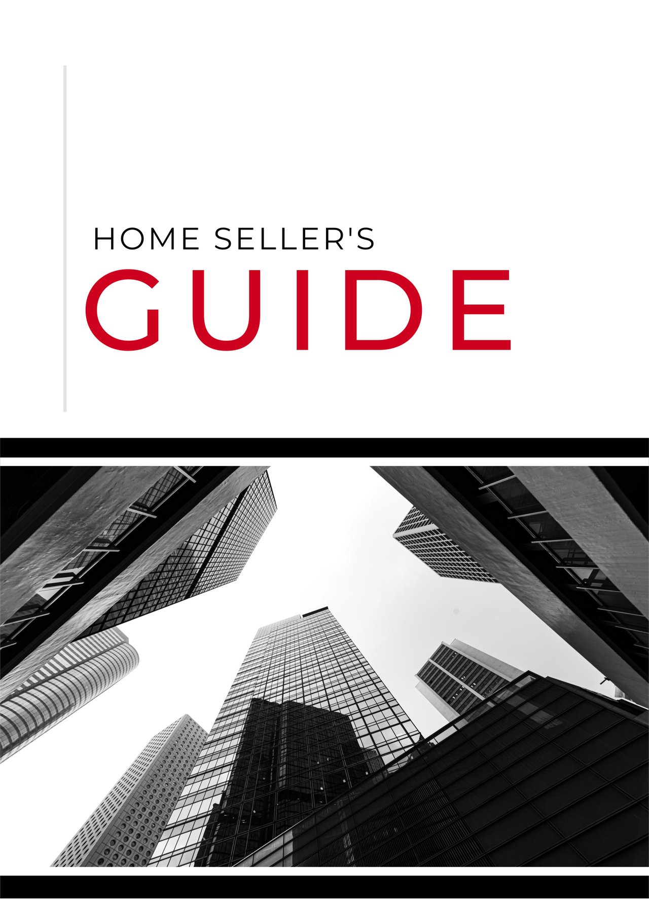 Home Seller's Guide cover with red title and a black-and-white view of skyscrapers.