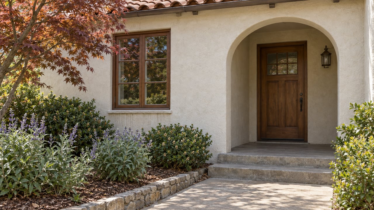 Sunlit cream stucco home with an arched porch, warm wood door, worn concrete steps and a carefully edged drought-tolerant garden.