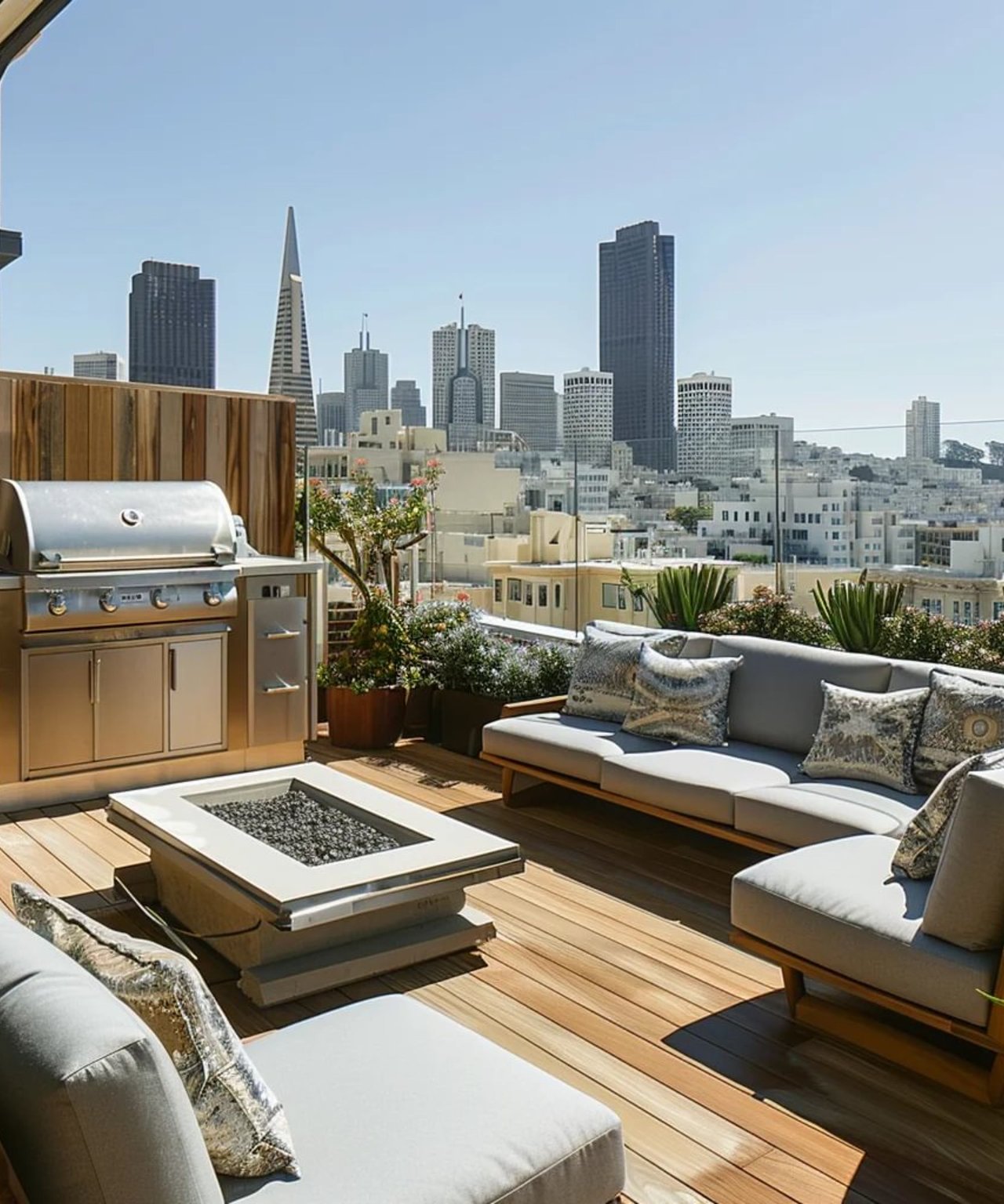 Rooftop terrace with a built-in grill and lounge seating overlooking the San Francisco skyline.
