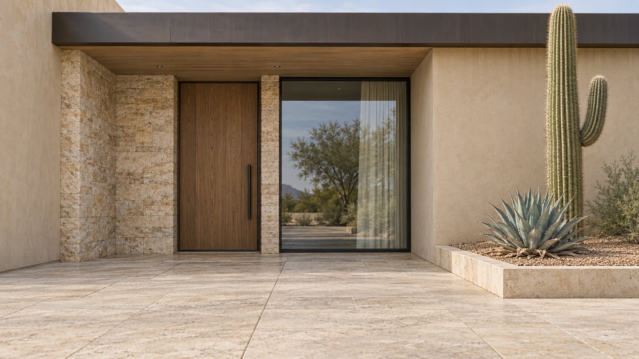 A quiet desert home's limestone and stucco entrance beside a sculptural saguaro and blue-gray agave.