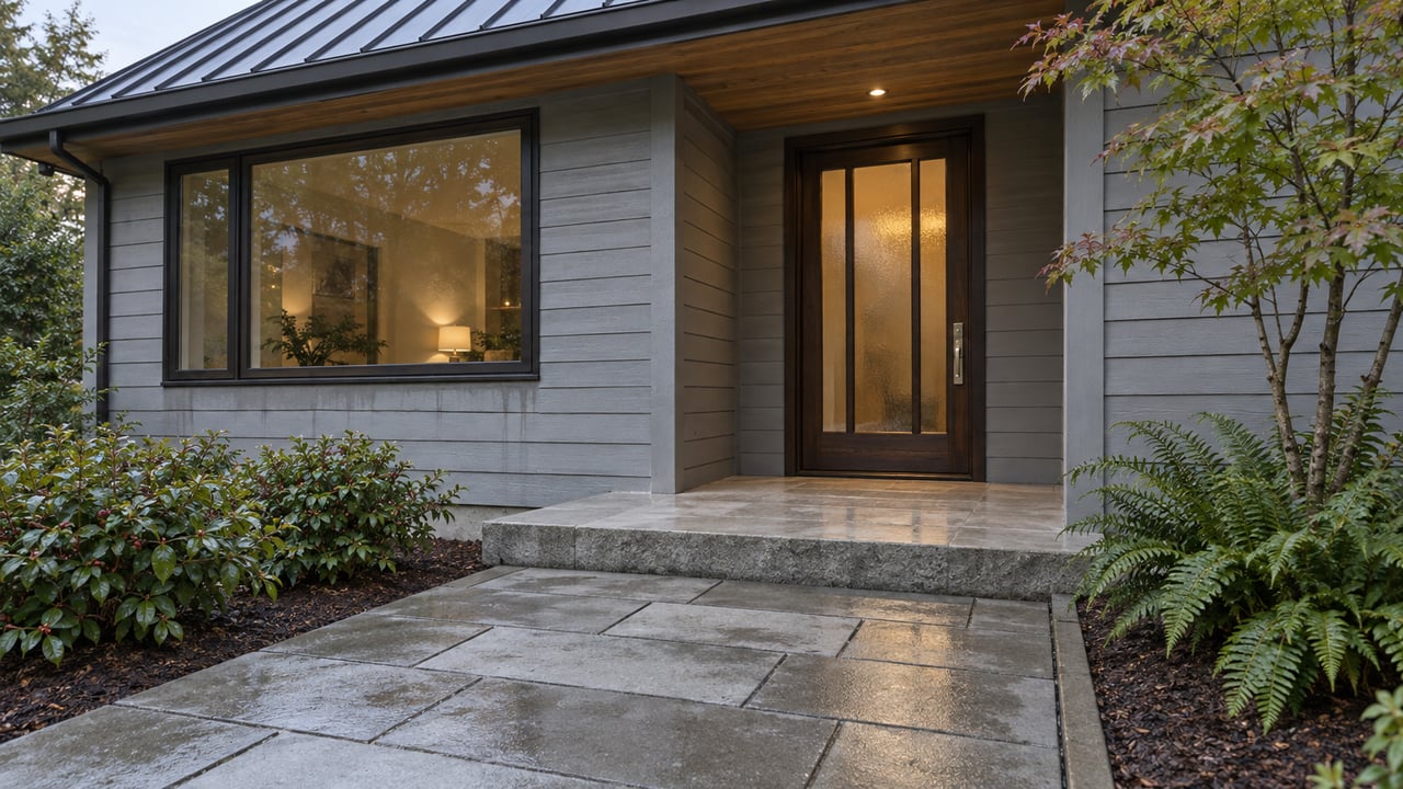 A gray-sided home with a glazed timber door, concrete paver path, and rain-darkened planting beds.