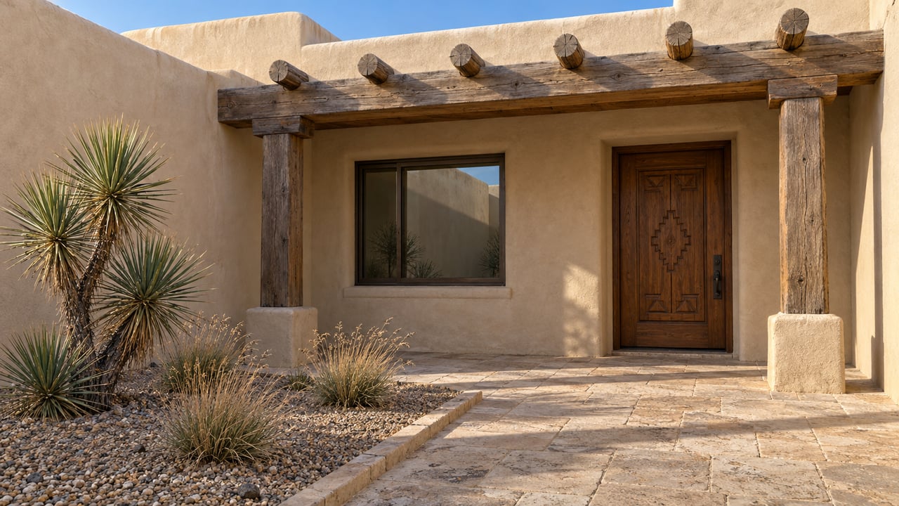 Sunlit stucco home entry with a timber portal, carved wooden door, limestone paving and a yucca in a gravel bed.