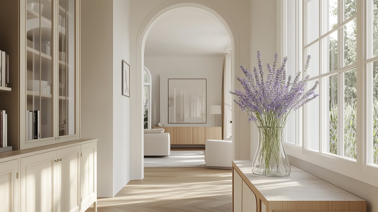 Bright home interior with an arched opening, built-in cabinetry, and lavender flowers beside tall windows.