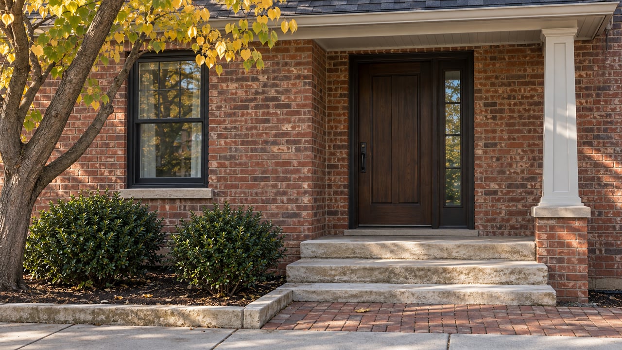 Red-brick home with a recessed wood door, limestone steps, and a small tree with yellowing leaves.