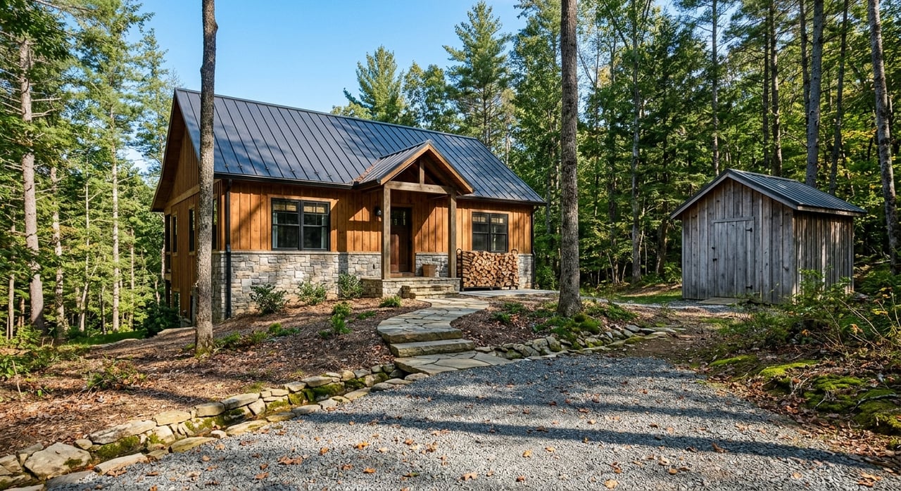 Modern mountain cabin surrounded by hardwood forest in Franklin, North Carolina featuring a standing seam metal roof, stone foundation, wooded privacy, and detached storage building.