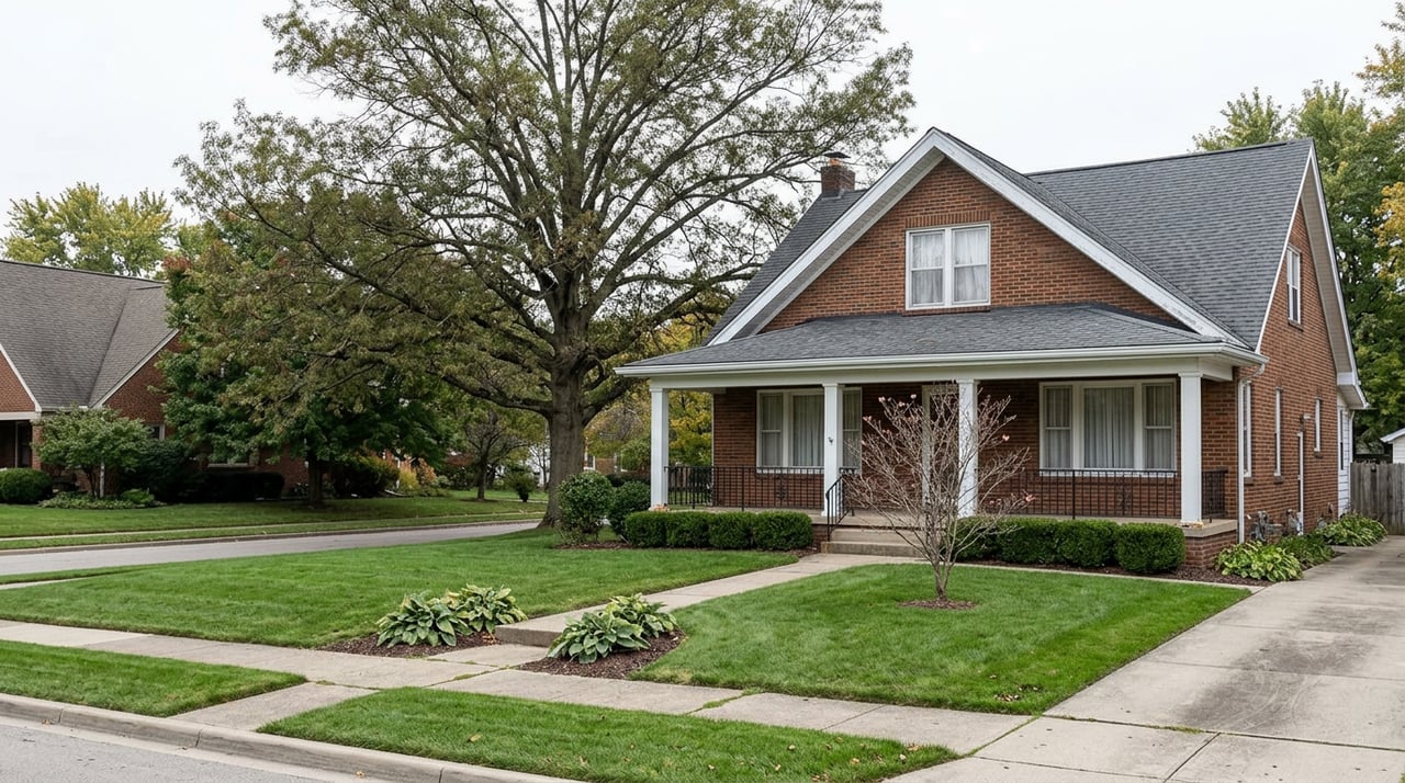 Brick foursquare home with a covered porch, deep front lawn, concrete walkway, and mature oak tree.