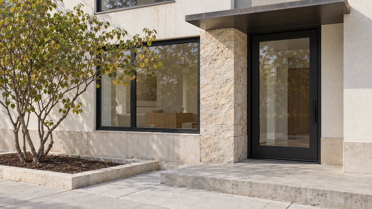 Close view of a contemporary home entry with pale stucco, buff limestone, black-framed glazing, and a small multistem tree beside the concrete landing.