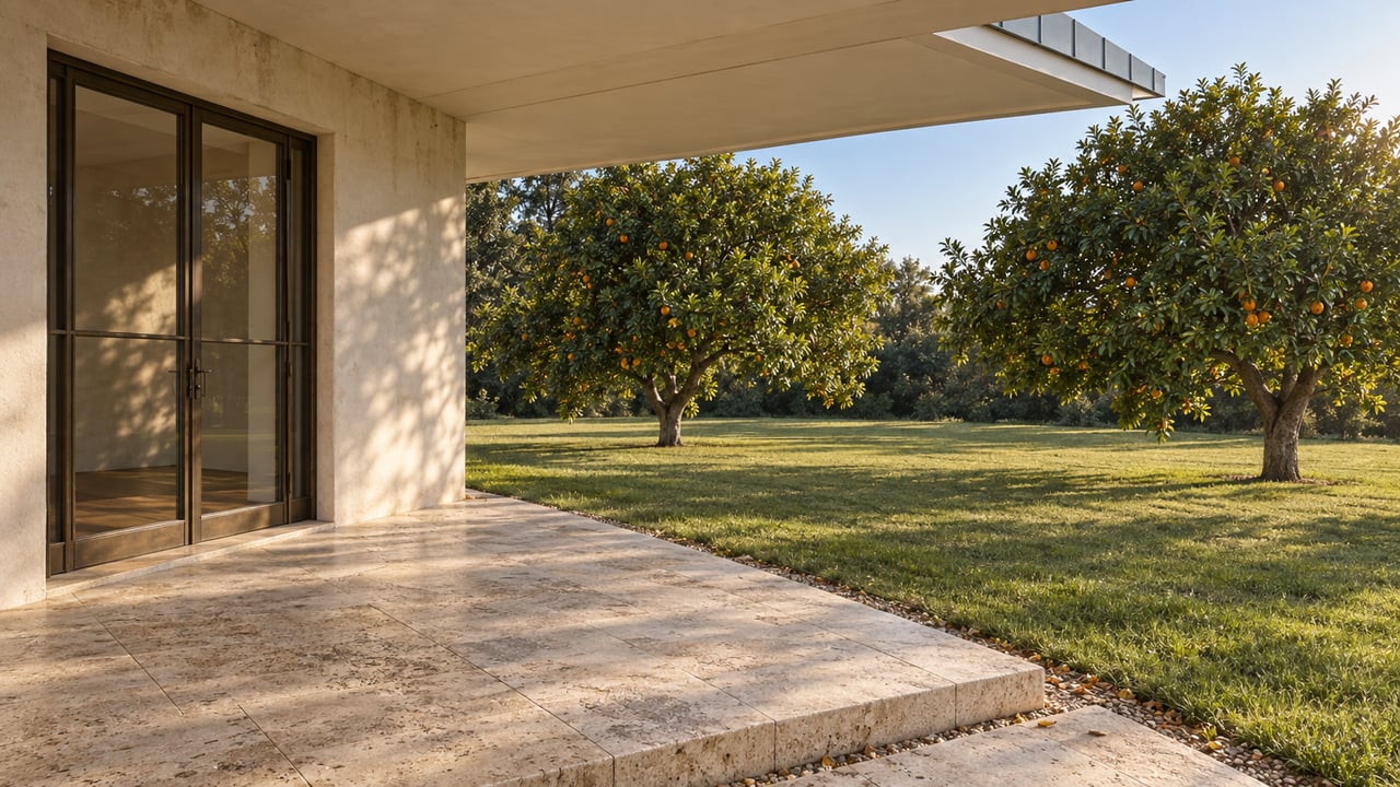 Estate veranda with bronze-framed glazed door, limestone steps, and two citrus trees across the lawn.