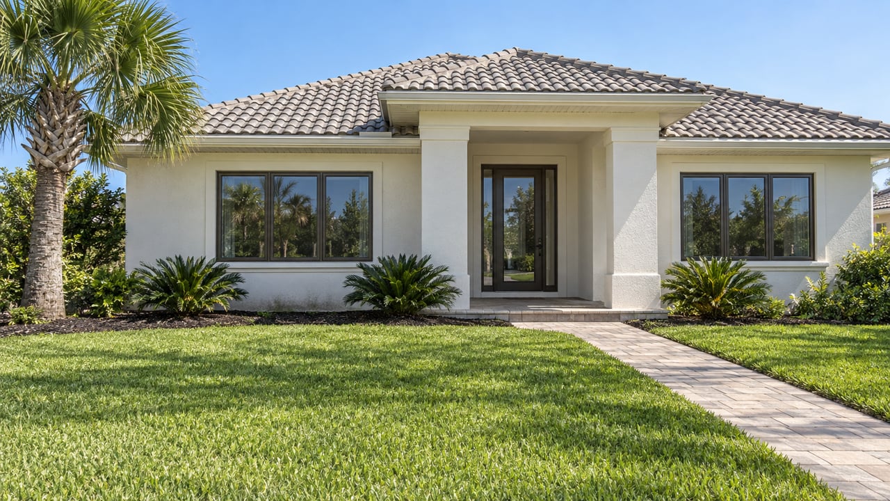 Cream stucco home with a pale-gray tiled hip roof, a recessed entrance, broad front lawn and one sculptural palm in clear afternoon light.
