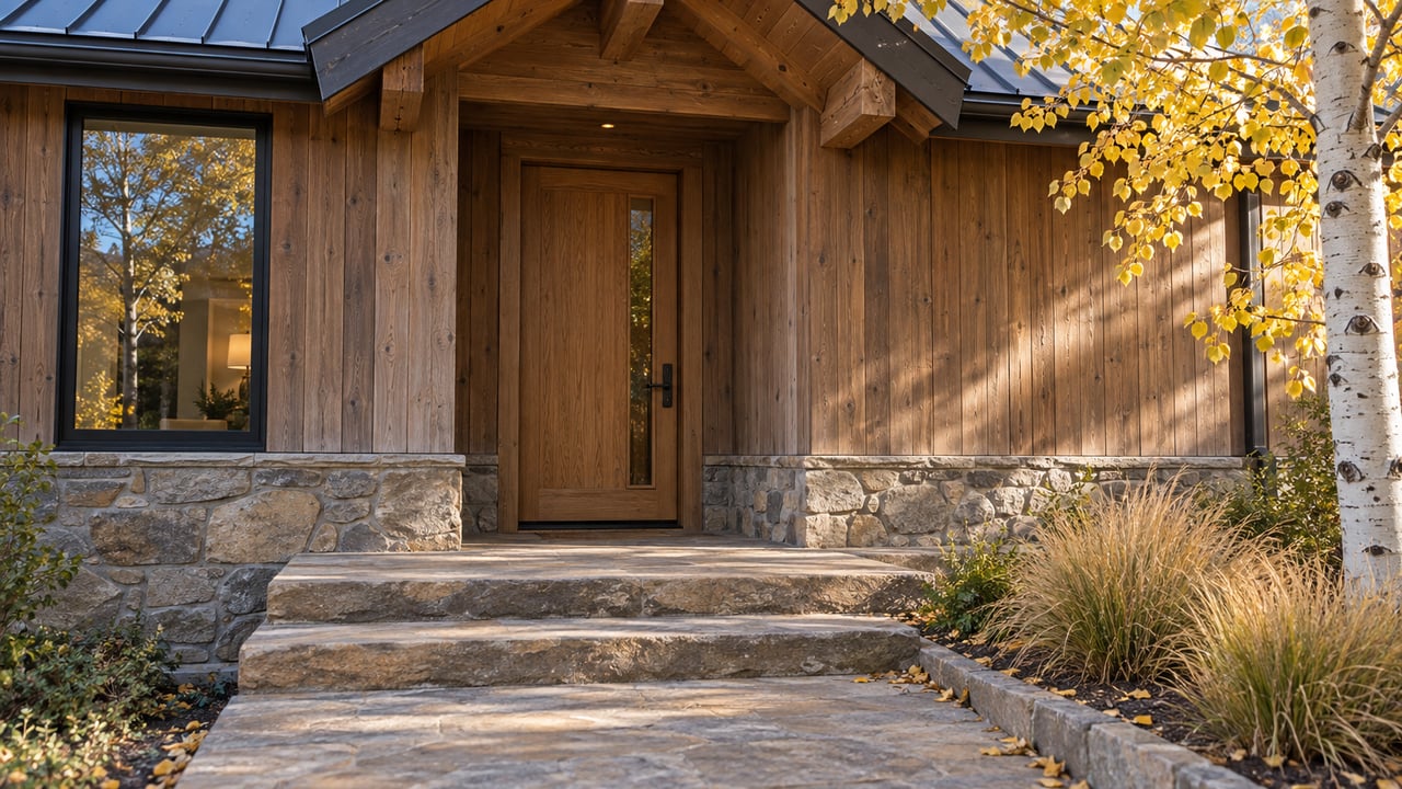 Autumn light on a timber-and-stone home's enclosed entry, sandstone steps, and yellow-leaved aspen.