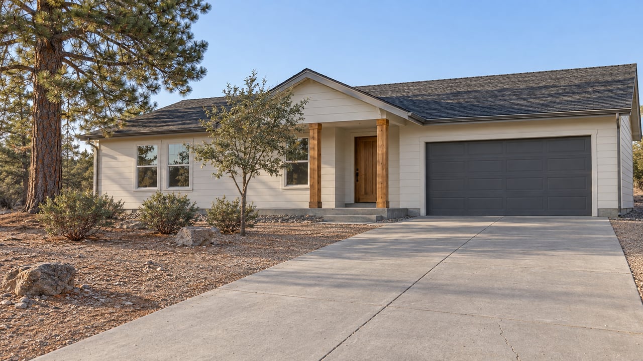 A single-story light-sided ranch house with a concrete driveway, dry gravel grounds, and carefully spaced pine, oak and manzanita planting.
