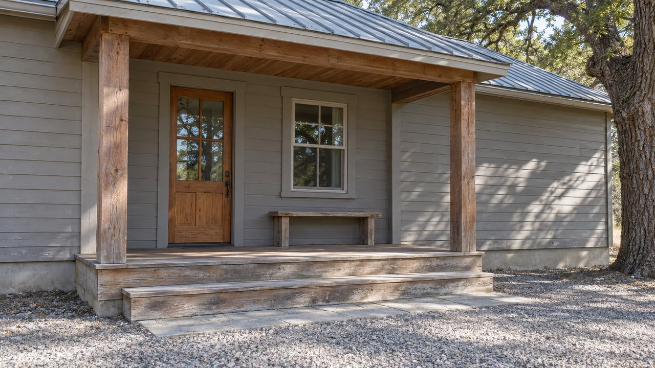 Weathered redwood porch and broad steps outside a grey wood-sided country home, with a glazed entry door and an oak at the frame edge.