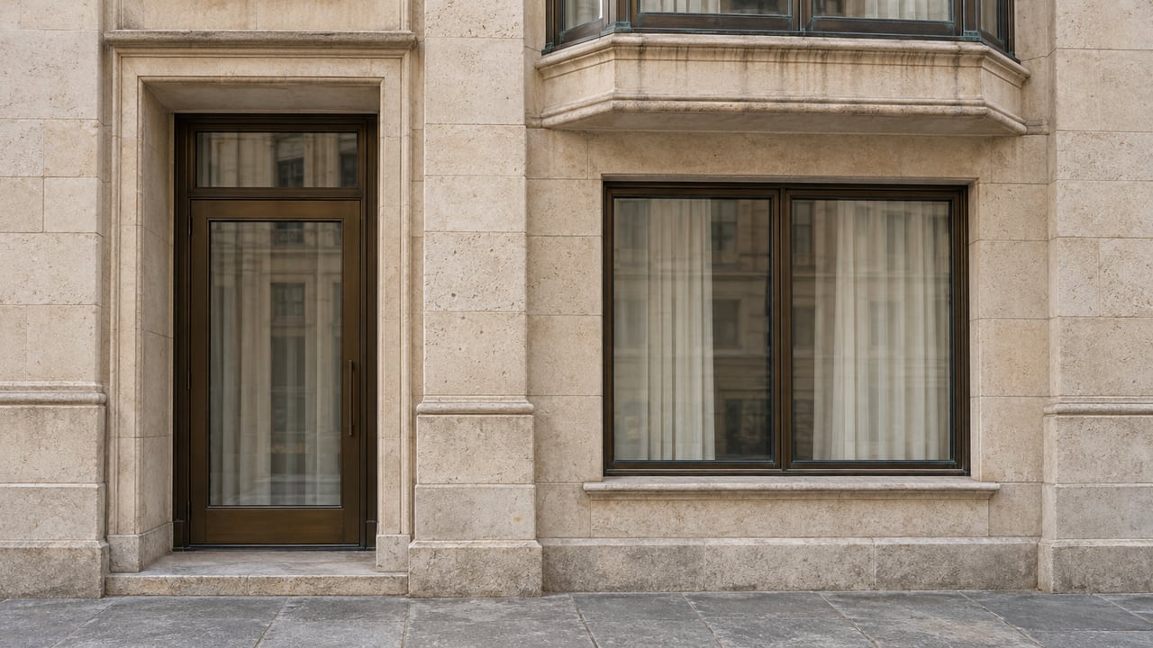 Weathered limestone residential facade with a recessed bronze-framed glass door, paired windows and a projecting window bay above a granite approach.