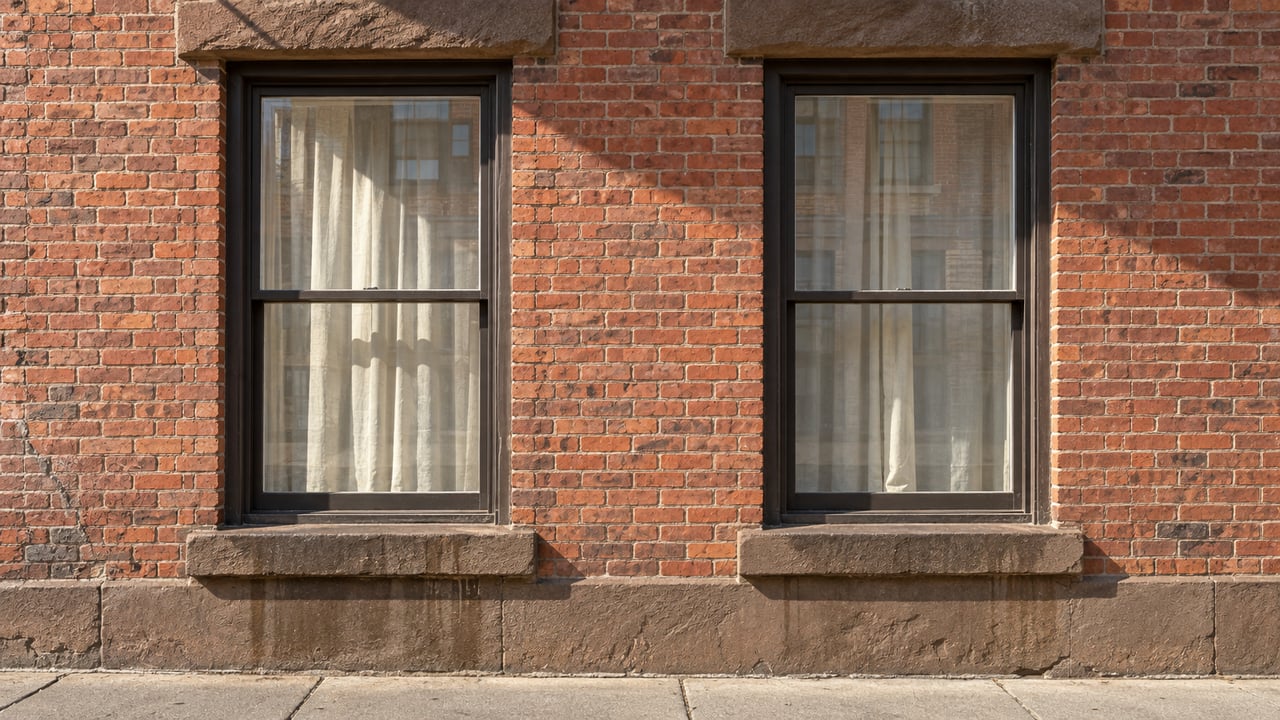Two tall dark-framed windows set in sunlit red brick, with weathered brownstone lintels, sills and a stone foundation above the sidewalk.