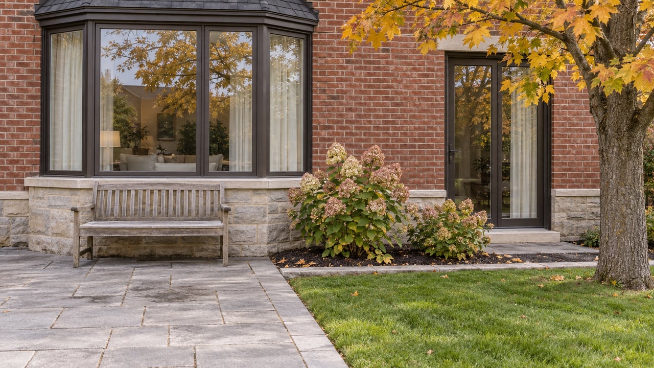 Red-brick home with a glazed window bay, gray paved terrace, weathered teak bench and autumn maple beside flowering hydrangeas.