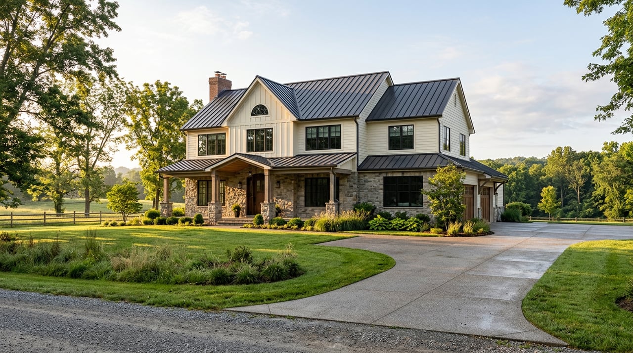 Modern farmhouse with creamy siding, fieldstone lower story, and a curved concrete driveway across a deep lawn.