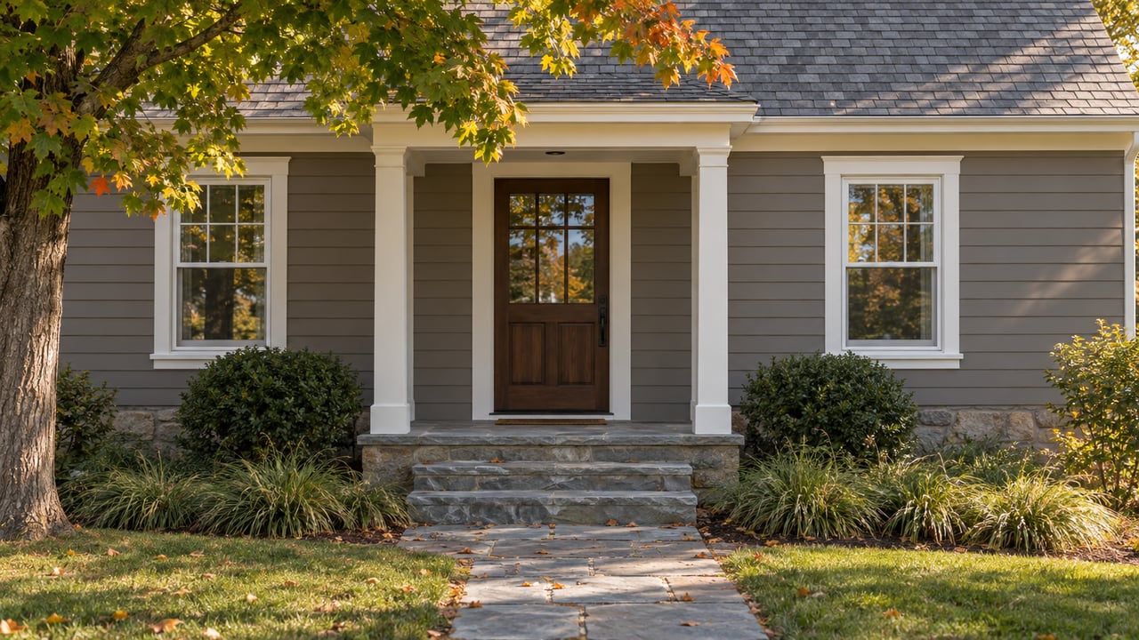 Gray clapboard house entry with a dark glazed door, bluestone steps, and green-and-amber maple leaves.