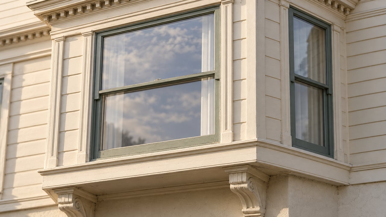 Projecting timber bay window with muted sage sash, ivory moldings, and a carved bracket.