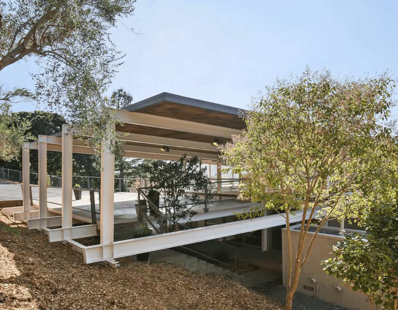A steel-and-glass Case Study House cantilevered over a Los Angeles canyon, the postwar prototype that defined California modernism
