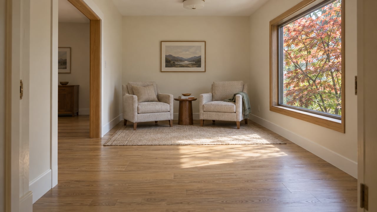 Oak-floored entry hall opening into a sitting room with two oatmeal chairs and a closed window.