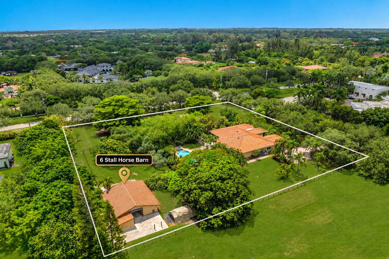 Aerial view of a Southwest Ranches equestrian estate with outlined acreage and a labeled 6-stall horse barn.